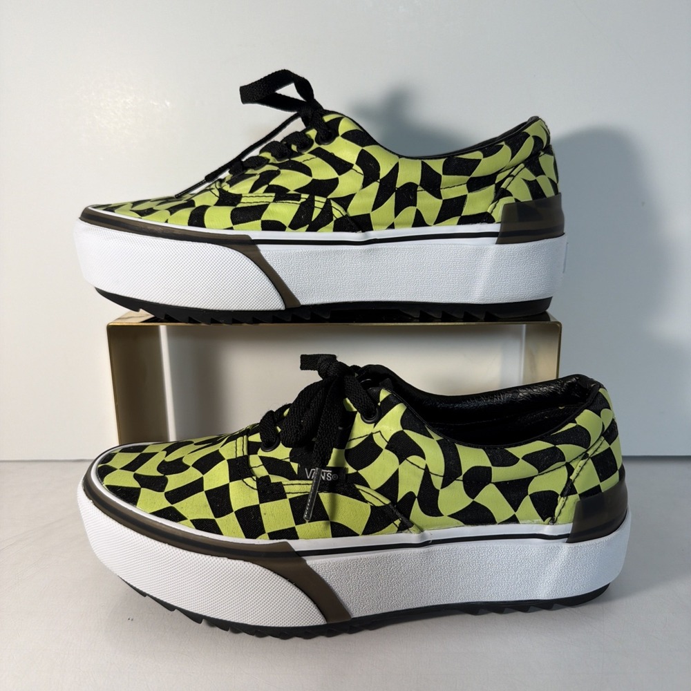 Vans Era Stacked Sneakers W-8/M-6.5 Green Black Warp Check Glow Platform Skate
